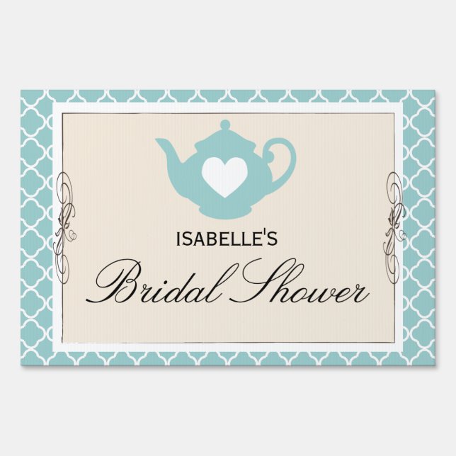 Chic Tan & Teal Teapot Bridal Shower Tea Party Sign (Front)
