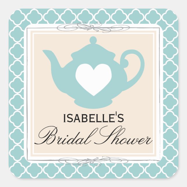 Chic Tan & Teal Teapot Bridal Shower Tea Party Square Sticker (Front)