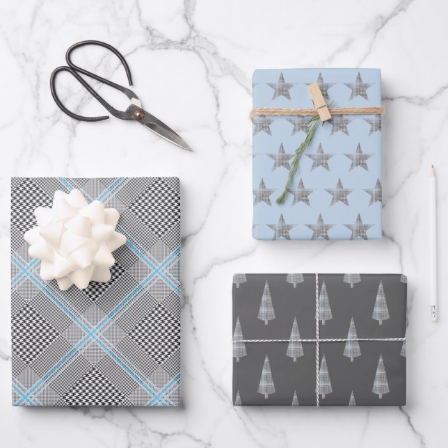 Chic Tartan Blue Gray Black Pattern Wrapping Paper Sheets (Front)