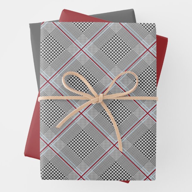 Chic Tartan Burgundy, Black and White Wrapping Paper Sheets (In situ)