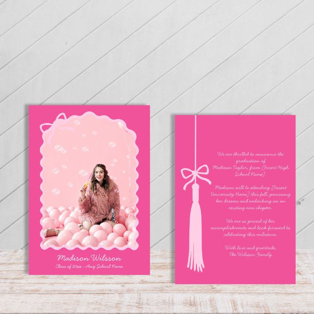 Chic Tassel Bow Pink Grad Photo 2026 Graduation Announcement (Chic Tassel Bow Pink Grad Photo 2025 Graduation Announcement)