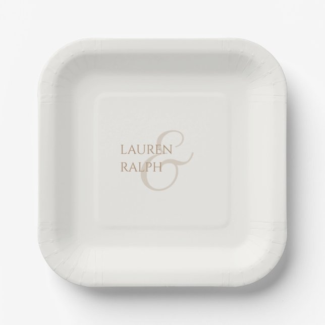 Chic Taupe & Ivory Couple Monogram  Paper Plates (Front)