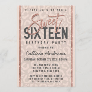 Chic Taupe Pink Rose Gold Glitter Cheetah Sweet 16 Invitation