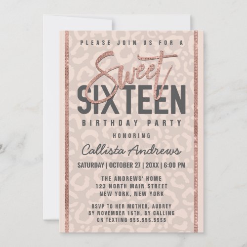 Chic Taupe Pink Rose Gold Glitter Cheetah Sweet 16 Invitation