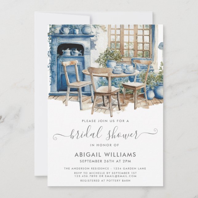 Chic Tea Party Blue White Greenery Bridal Shower Invitation (Front)