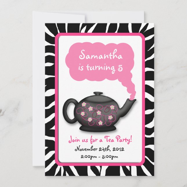 Chic Tea Time Girls Pink Birthday Party Invites (Front)