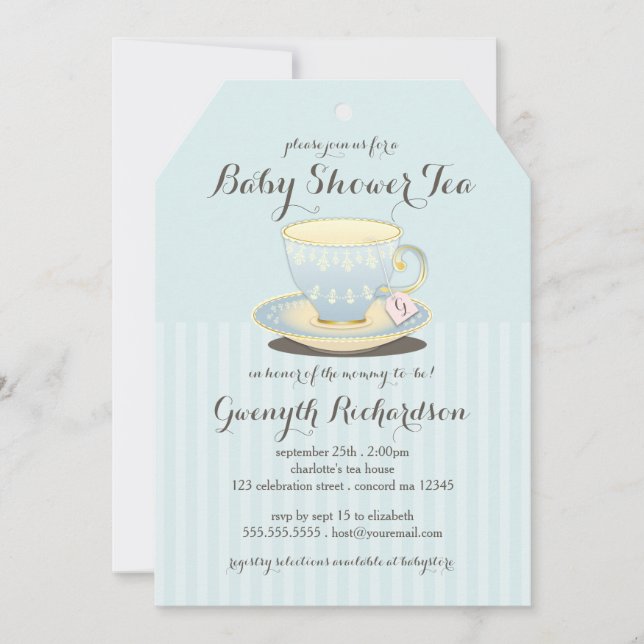 Chic Teacup in Blue Baby Shower Tea Party Invitation (Front)