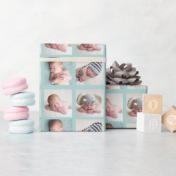 Chic Teal 4 Baby Photo Collage Custom Birthday Wrapping Paper