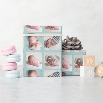 Chic Teal 4 Baby Photo Collage Custom Birthday Wrapping Paper by epicdesigns at Zazzle