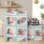 Chic Teal 4 Baby Photo Collage Custom Birthday Wrapping Paper<br><div class="desc">Elegant baby photo wrapping paper with your own personalized newborn photograph pattern. Beautiful personalized 4 picture template gift wrap for a birthday with chic teal lines separating the photos of someone as a child.</div>