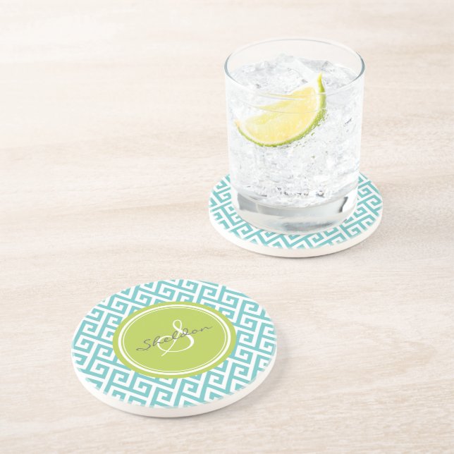 Chic teal abstract geometric pattern monogram coaster (Side)