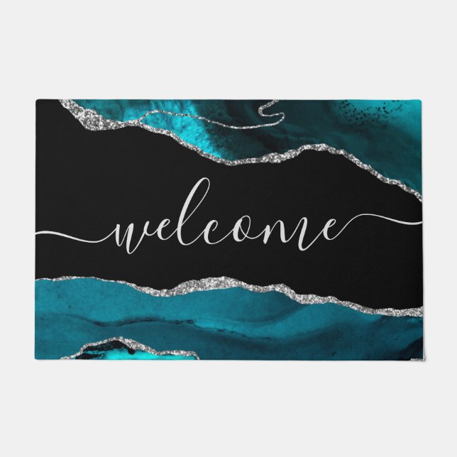 Chic Teal Agate Silver Glitter Script Welcome Doormat (Front)