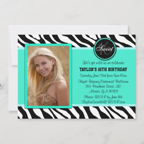 Chic Teal and Black Zebra Print Photo Invite