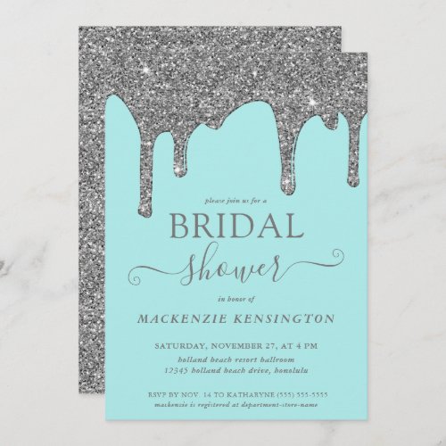Chic Teal and Silver Glitter Drips Bridal Shower Invitation