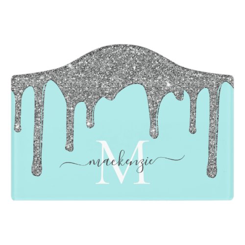 Chic Teal and Silver Glitter Drips Monogram Door Sign