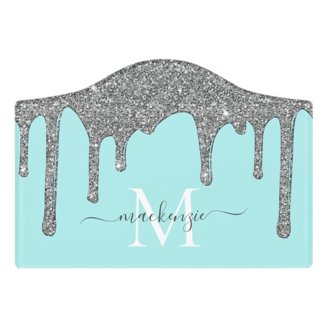 Chic Teal and Silver Glitter Drips Monogram Door Sign (Small Crest Front)