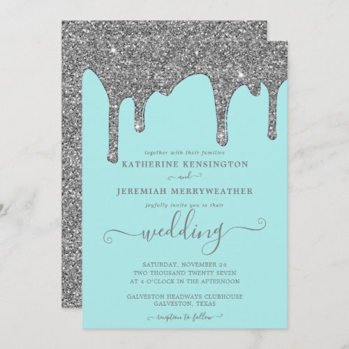 Chic Teal and Silver Glitter Drips Wedding Invitation
