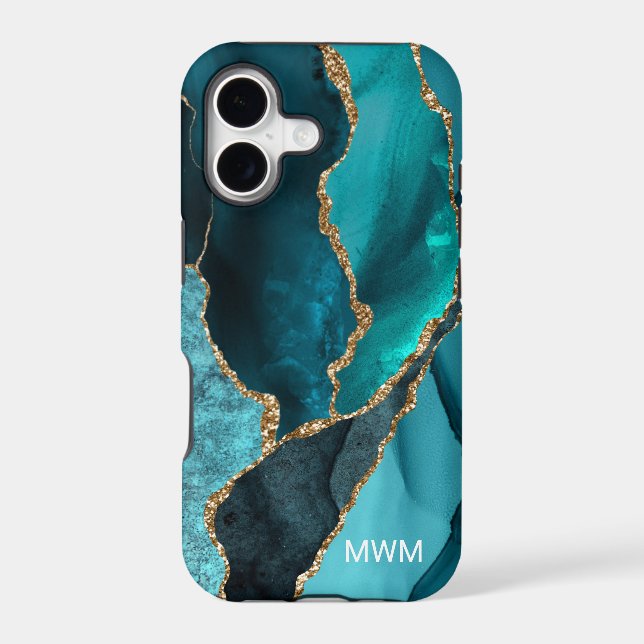 Chic Teal Aqua Turquoise Gold Veins Agate Monogram Case-Mate iPhone Case (Back)