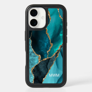 Chic Teal Aqua Turquoise Gold Veins Agate Monogram iPhone 16 Case