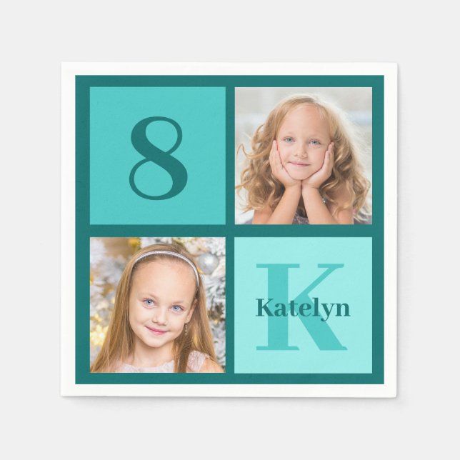 Chic Teal Birthday Party Custom Photo Collage Napkins (Front)
