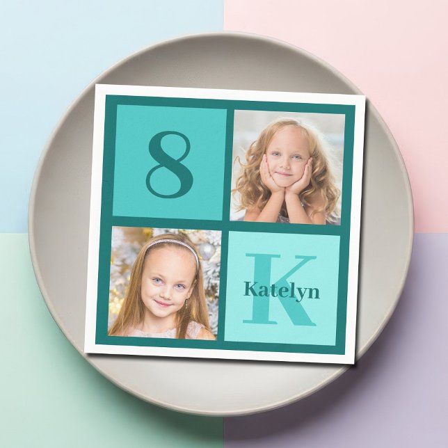 Chic Teal Birthday Party Custom Photo Collage Napkins (Creator Uploaded)