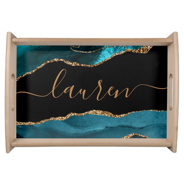 Chic Teal Black Agate Rose Gold Glitter Name Serving Tray (Front)