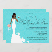 Chic Teal Black Coral Damask Here Comes the Bride Invitation (Front/Back)
