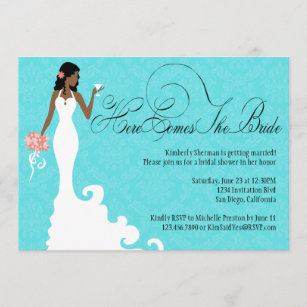 Chic Teal Black Coral Damask Here Comes the Bride Invitation