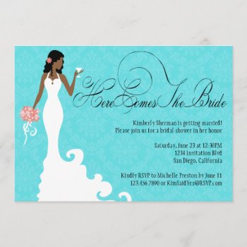Chic Teal Black Coral Damask Here Comes The Bride Invitation by InvitationBlvd at Zazzle