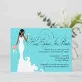 Chic Teal Black Coral Damask Here Comes the Bride Invitation (Standing Front)
