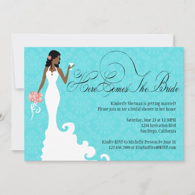 Chic Teal Black Coral Damask Here Comes the Bride Invitation (Front)