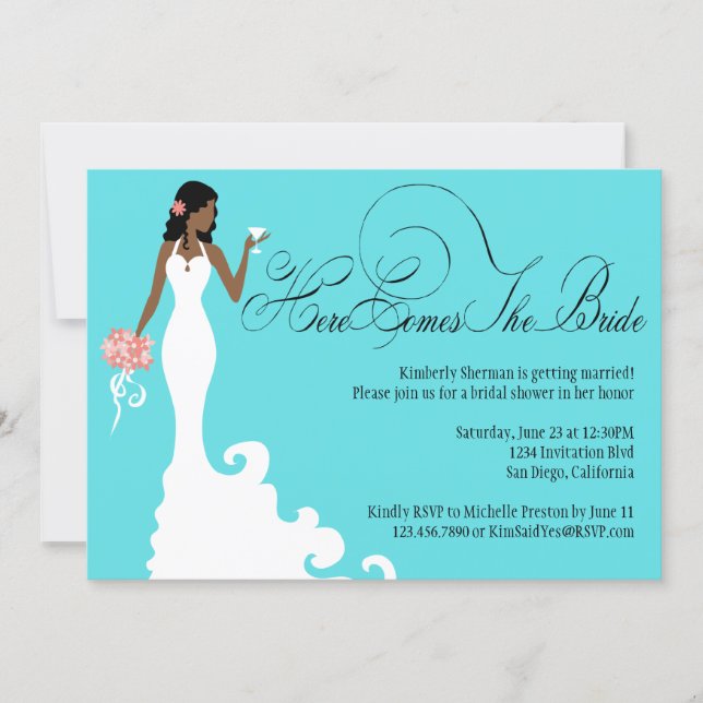 Chic Teal Black Coral Here Comes the Bride Invitation (Front)