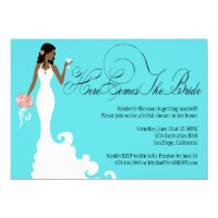 Chic Teal Black Coral Here Comes the Bride Invitation