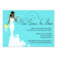 Chic Teal Black Yellow Damask Here Comes the Bride Invitation