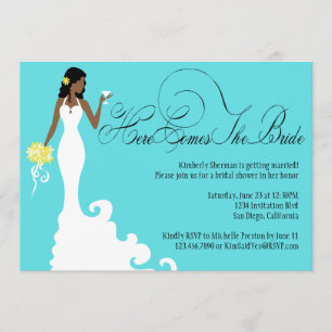 Chic Teal Black Yellow Here Comes the Bride Invitation