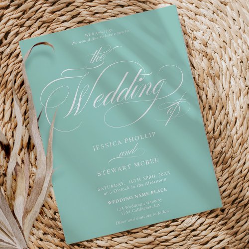 Chic teal blue all in one calligraphy wedding invitation