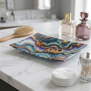 Chic Teal Blue Amethyst Purple Gold Marble Pattern Trinket Tray