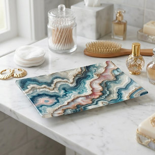 Chic Teal Blue Blush Pink Gold Marble Art Pattern Trinket Tray