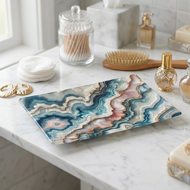 Chic Teal Blue Blush Pink Gold Marble Art Pattern Trinket Tray (Creator Uploaded)