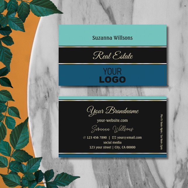 Chic Teal Blue Borders on Black Stylish with Logo Business Card (Creator Uploaded)