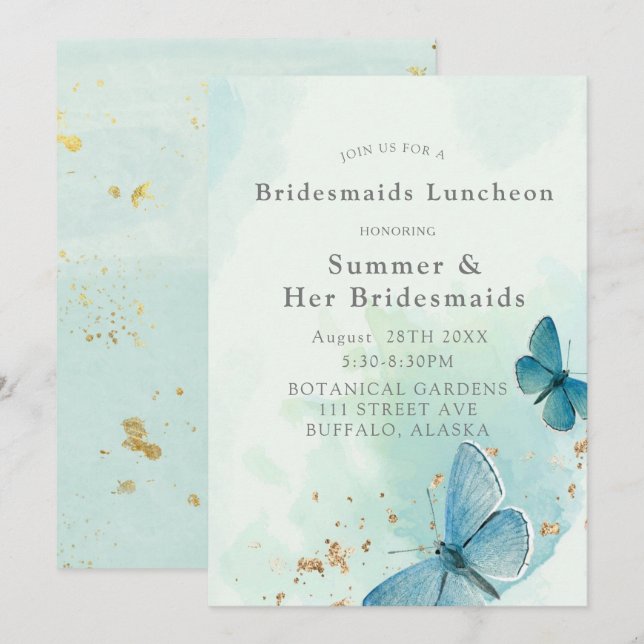 Chic Teal Blue Butterflies Bridesmaids Luncheon Invitation (Front/Back)