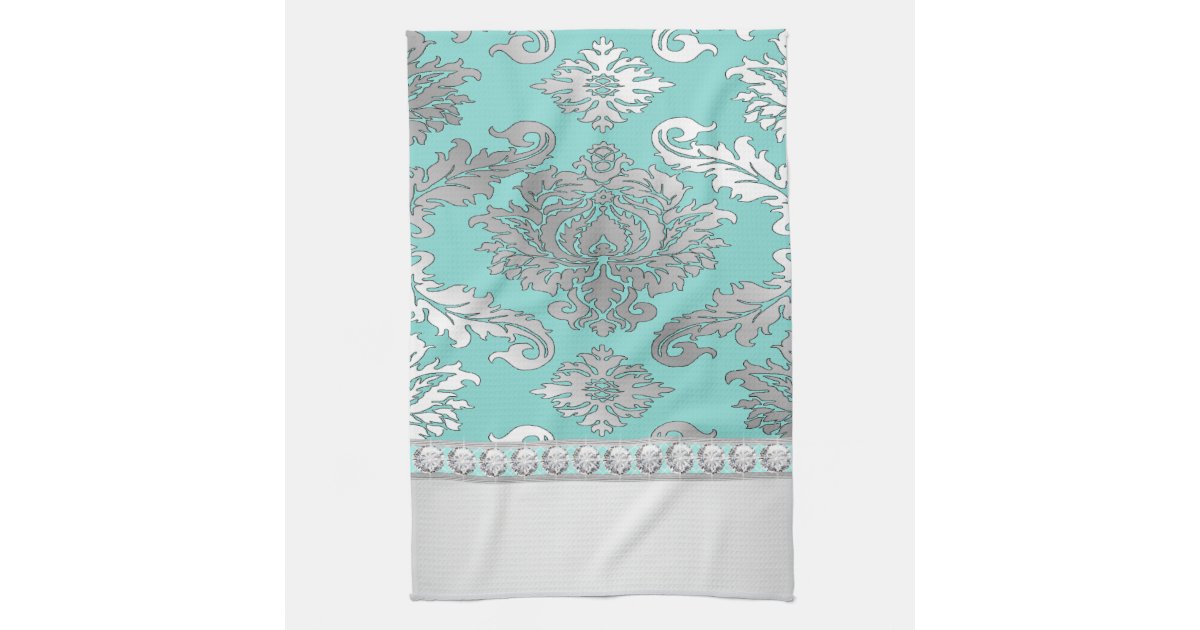 Chic Teal Blue Damask Kitchen Towels Zazzle