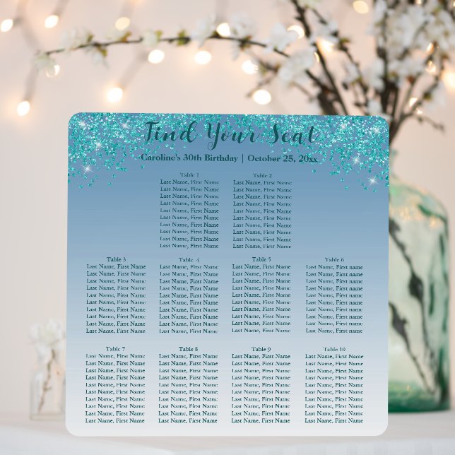Chic Teal Blue Glitter 10 Tables Seating Chart Foam Board (In Situ (Wedding))