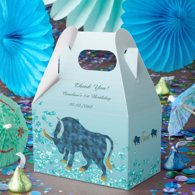 Chic Teal Blue Glitter Gold Taurus Zodiac Birthday Favor Boxes (Party)