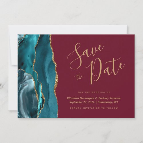 Chic Teal Blue Gold Agate Burgundy Save the Date Invitation