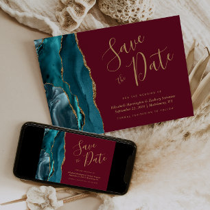 Chic Teal Blue Gold Agate Burgundy Save the Date Invitation