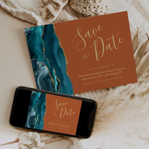 Chic Teal Blue Gold Agate Burnt Oran Save the Date Invitation