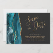Chic Teal Blue Gold Agate Dark Save the Date Card (Front)