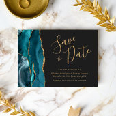 Chic Teal Blue Gold Agate Dark Save the Date Card