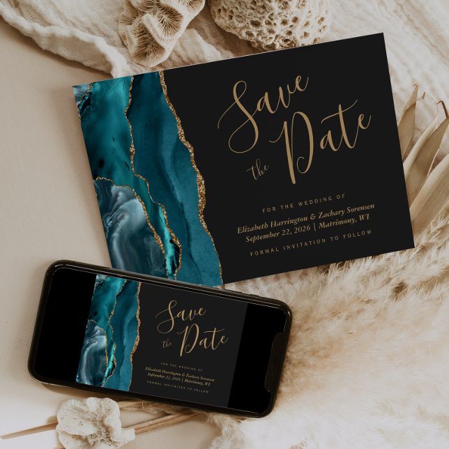 Chic Teal Blue Gold Agate Dark Save the Date Card